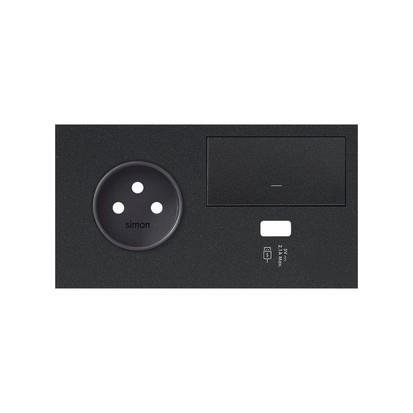 Panneau double : 1 prise + 1 touche + 1 chargeur USB (côté gauche), noir mat Simon 100 10020225-238